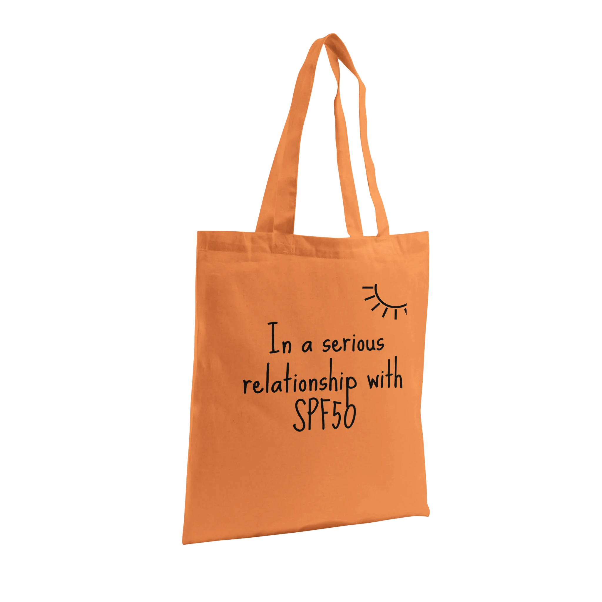 Limited edition organic cotton tote bag with the phrase 'In a Serious Relationship with SPF 50'