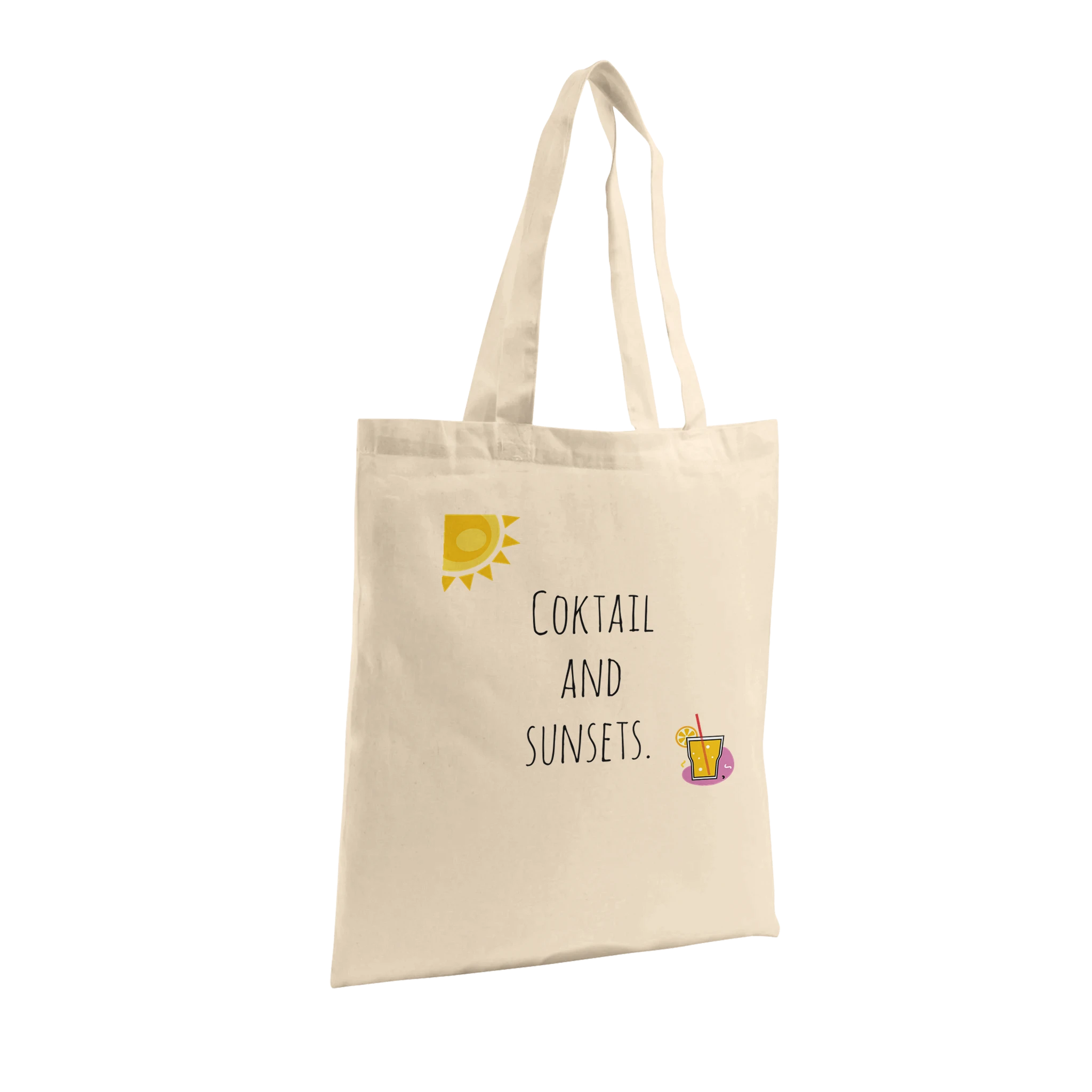 Limited edition organic cotton tote bag with the phrase 'Cocktails & Sunsets'