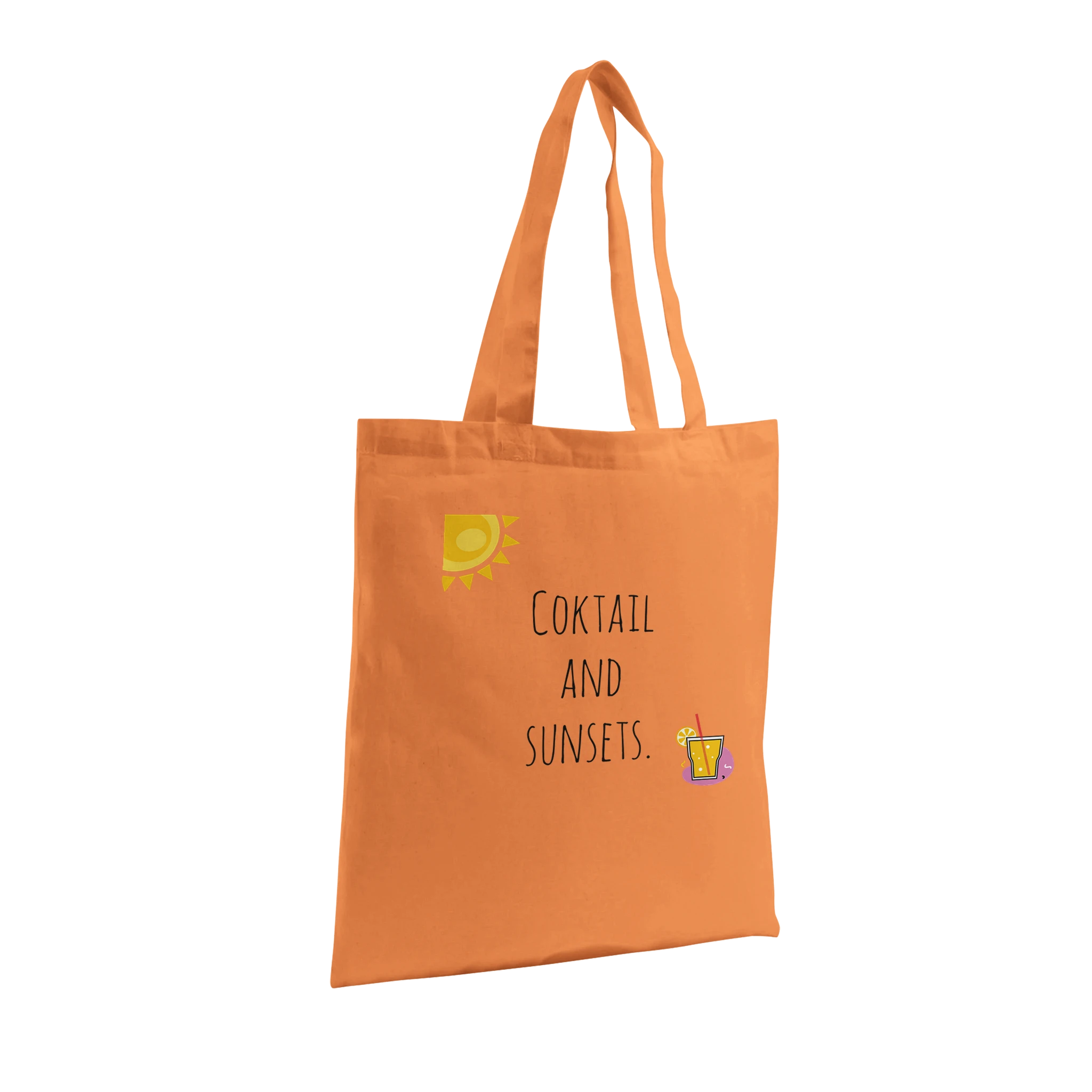 Limited edition organic cotton tote bag with the phrase 'Cocktails & Sunsets'