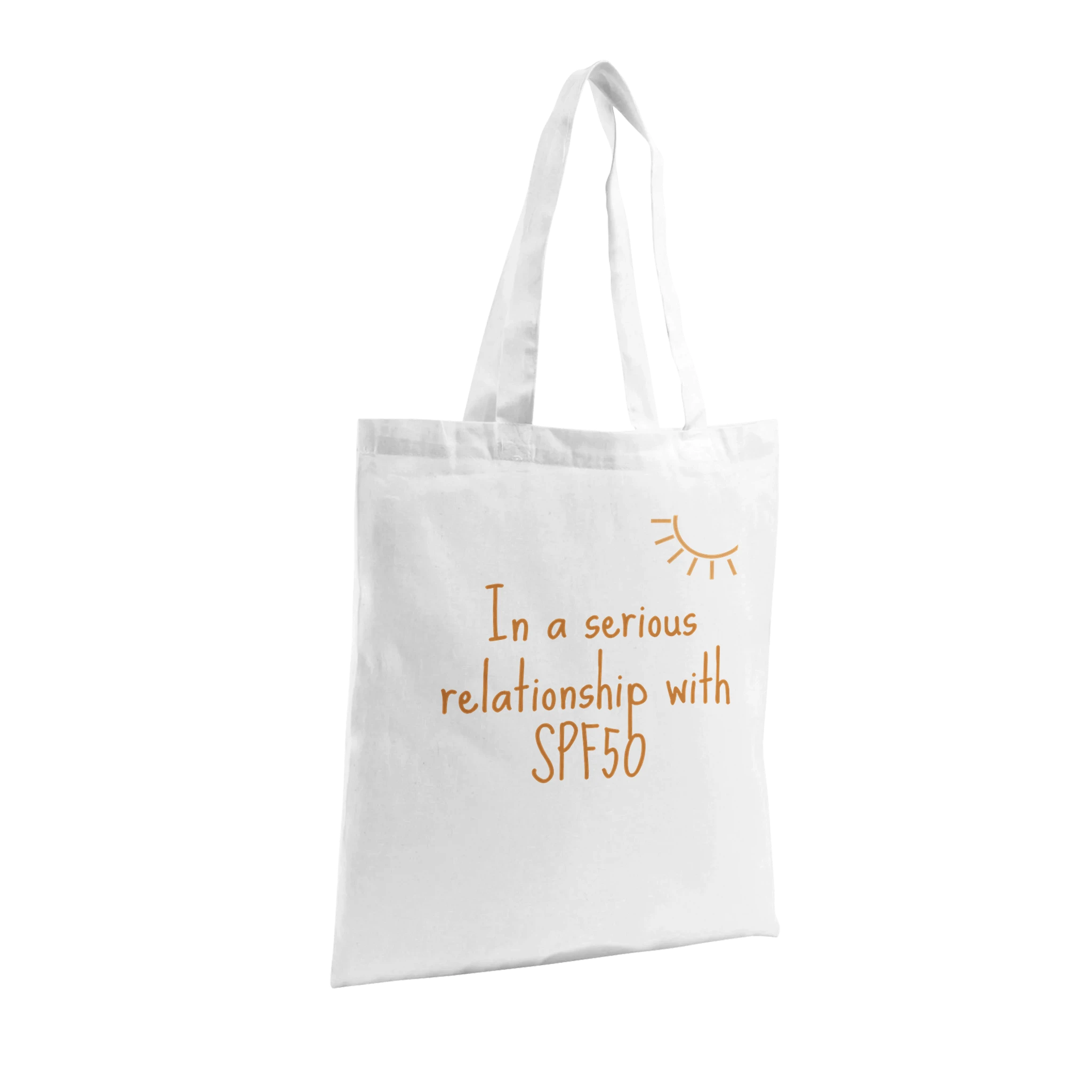 Limited edition organic cotton tote bag with the phrase 'In a Serious Relationship with SPF 50'