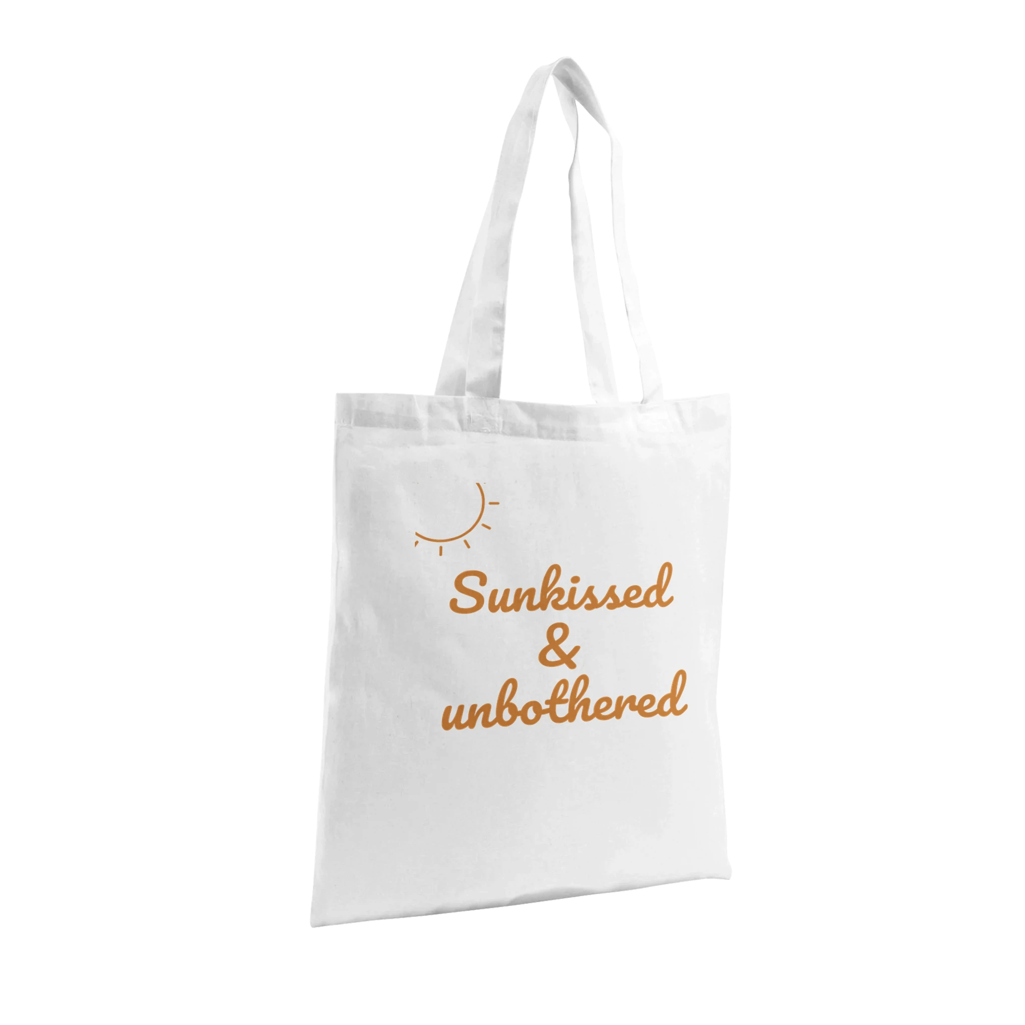 Limited edition organic cotton tote bag with the phrase 'Sunkissed & Unbothered'